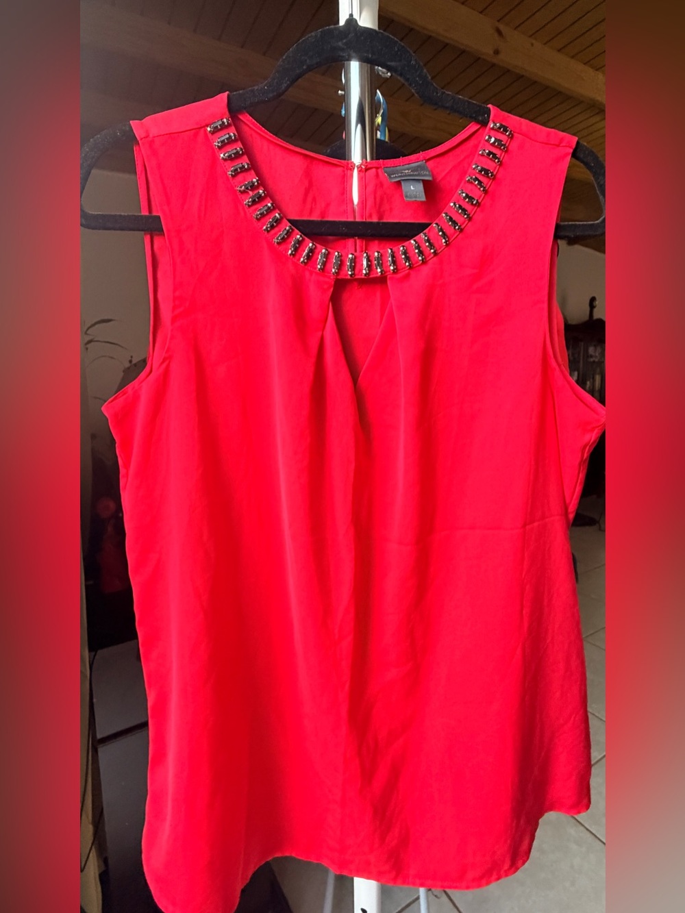 Worthington Red Sleeveless Jeweled Neck Shell